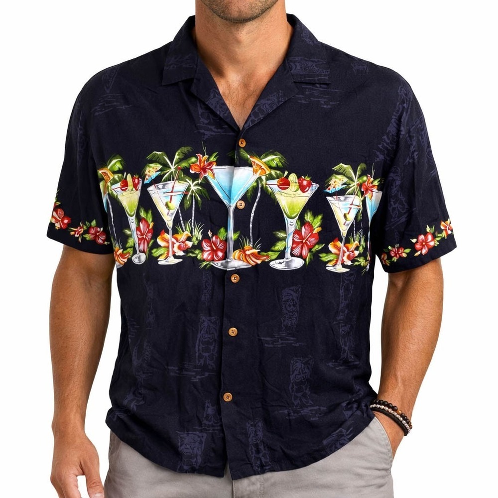 Paradise Found Hawaiian Aloha Shirt 2XL Cocktails Hibiscus Flowers Black
